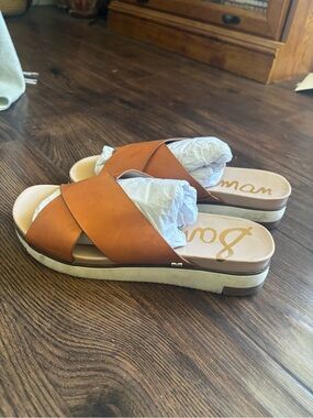 Sam Edelman Tan Leather Crossover Slide Sandals